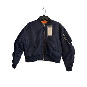 Womens NEW  Bomber Jacket Military Airplane Patch Navy Blue S